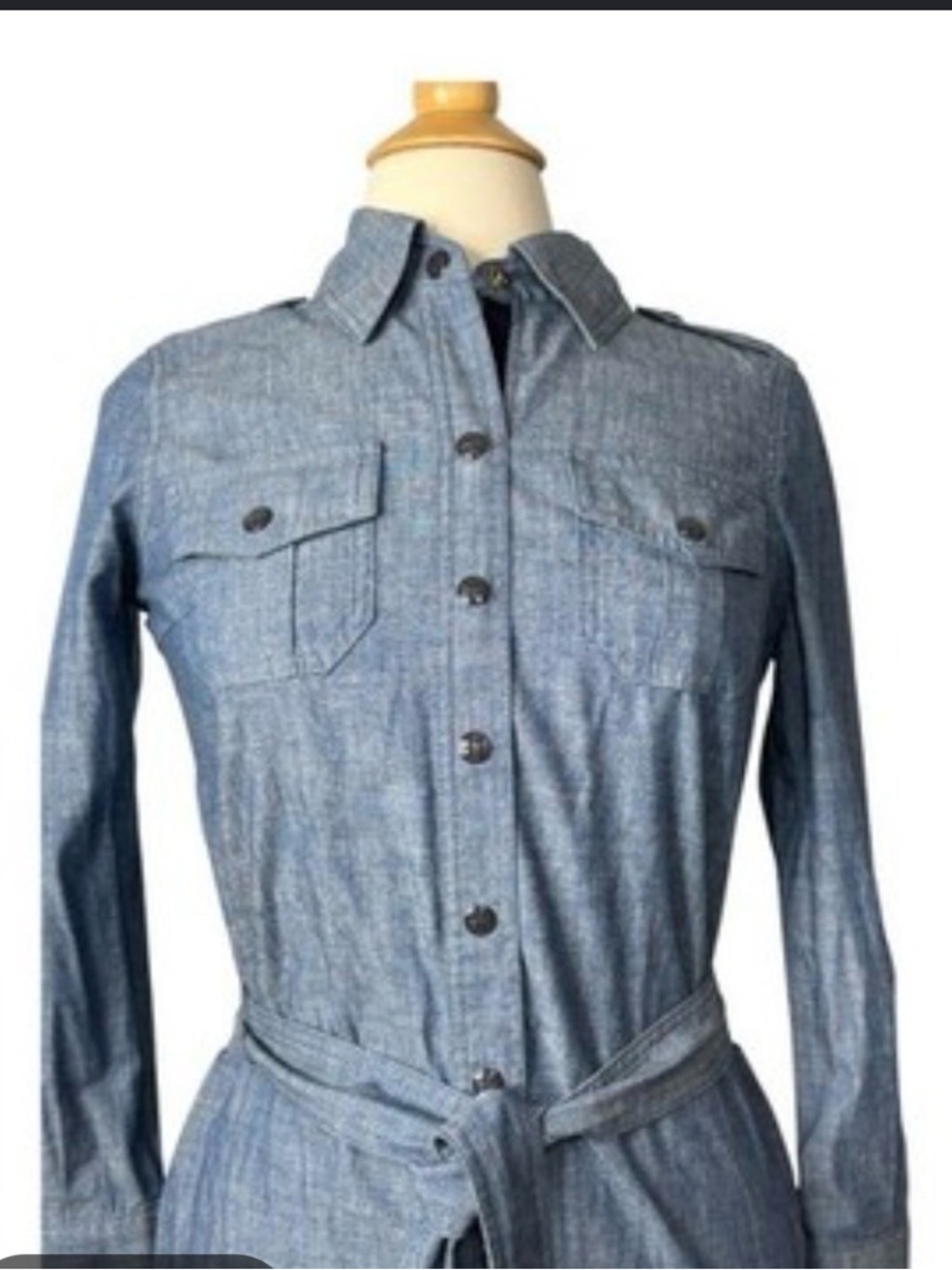 Tory Burch Chambray Button-Front Long Sleeve Dress in Light Blue
